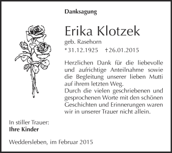 Traueranzeige von Erika Klotzek von Super Sonntag Quedlinburg