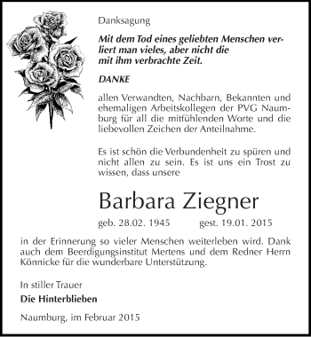 Traueranzeige von Barbara Ziegner von Mitteldeutsche Zeitung Naumburg/Nebra