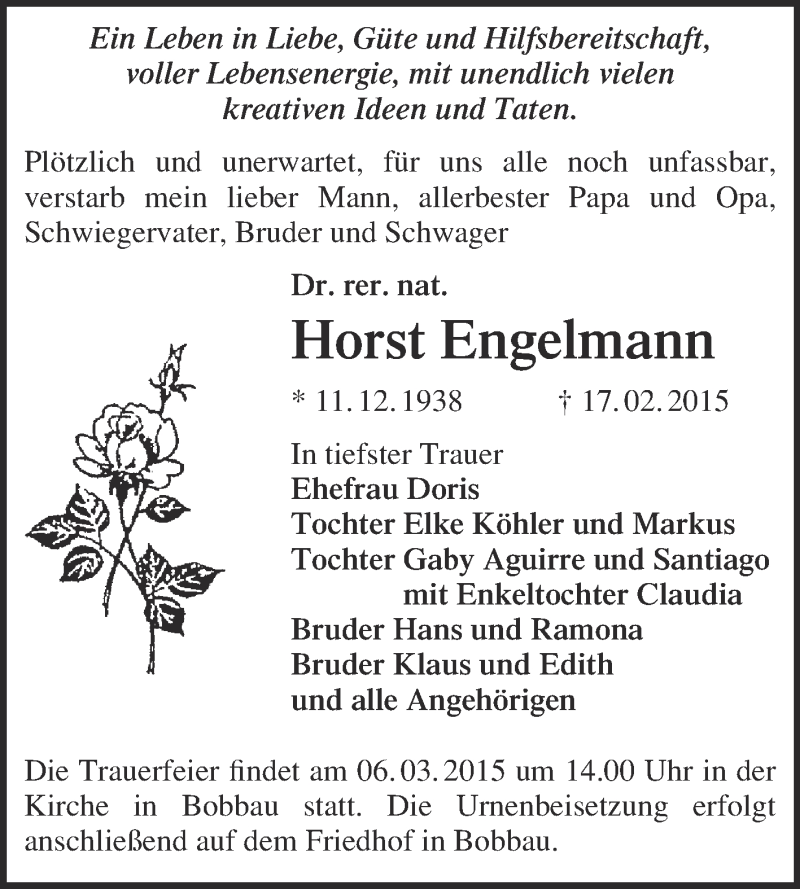  Traueranzeige für Horst Engelmann vom 25.02.2015 aus WVG - Wochenspiegel Bitterfeld
