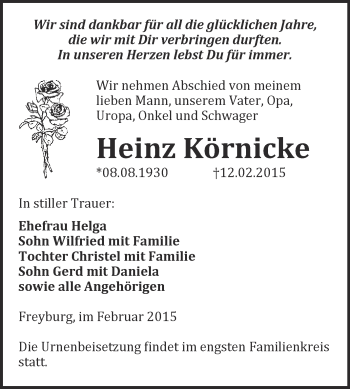 Traueranzeige von Heinz Körnicke von WVG - Wochenspiegel NMB / WSF / ZTZ