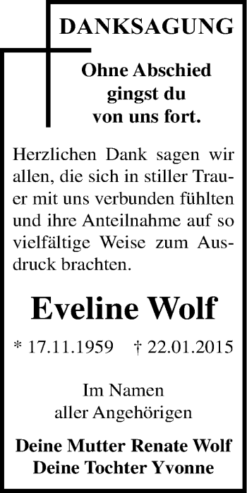 Traueranzeige von Eveline Wolf von Mitteldeutsche Zeitung Köthen