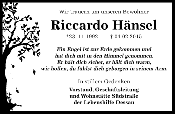 Traueranzeige von Riccardo Hänsel von Mitteldeutsche Zeitung Dessau-Roßlau