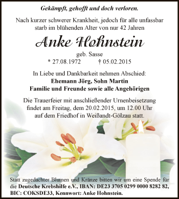 Traueranzeige von Anke Hohnstein von WVG - Wochenspiegel Dessau / Köthen