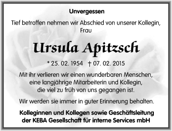 Traueranzeige von Ursula Apitzsch von Mitteldeutsche Zeitung