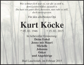 Traueranzeige von Kurt Köcke von Super Sonntag Merseburg