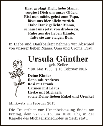 Traueranzeige von Ursula Günther von Super Sonntag Zeitz