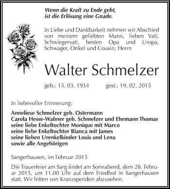 Traueranzeige von Walter Schmelzer von WVG - Wochenspiegel SGH