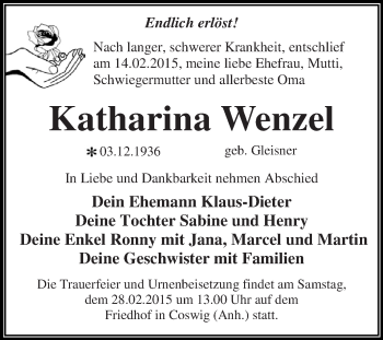 Traueranzeige von Katharina Wenzel von WVG - Wochenspiegel Dessau / Köthen