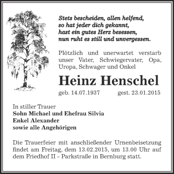 Traueranzeige von Heinz Henschel von Super Sonntag Bernburg