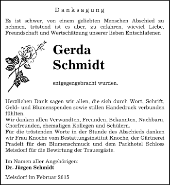 Traueranzeige von Gerda Schmidt von Mitteldeutsche Zeitung Quedlinburg