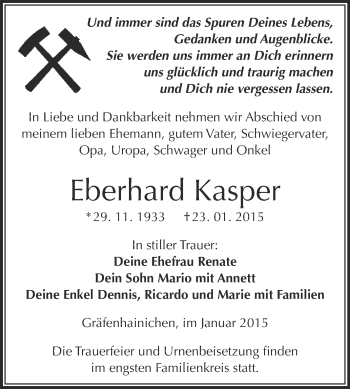 Traueranzeige von Eberhard Kasper von WVG - Wochenspiegel Wittenberg