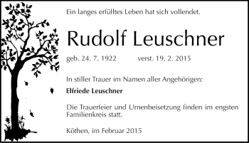 Traueranzeige von Rudolf Leuschner von Mitteldeutsche Zeitung Köthen