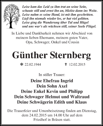Traueranzeige von Günther Sternberg von WVG - Wochenspiegel Dessau / Köthen