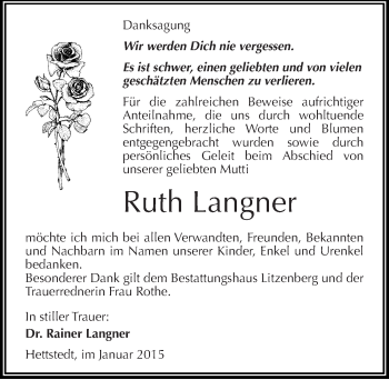 Traueranzeige von Ruth Langner von Mitteldeutsche Zeitung Mansfelder Land