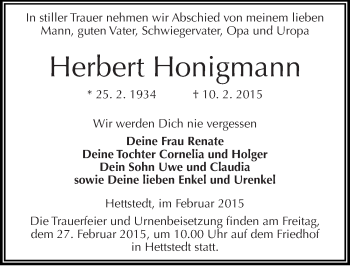Traueranzeige von Herbert Honigmann von Mitteldeutsche Zeitung Mansfelder Land