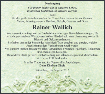Traueranzeige von Rainer Wallich von Super Sonntag Wittenberg