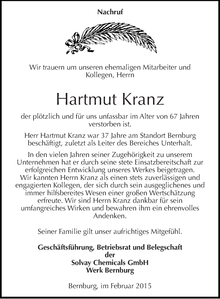  Traueranzeige für Hartmut Kranz vom 17.02.2015 aus Mitteldeutsche Zeitung Bernburg