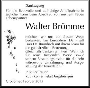 Traueranzeige von Walter Brömme von Mitteldeutsche Zeitung Mansfelder Land