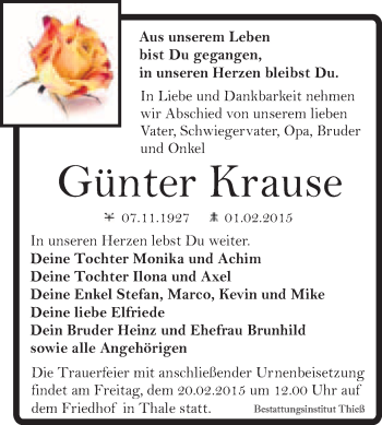 Traueranzeige von Günter Krause von Super Sonntag Quedlinburg