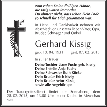 Traueranzeige von Gerhard Kissig von WVG - Wochenspiegel Merseburg