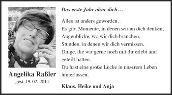 Traueranzeige von Angelika Raßler von Super Sonntag Wittenberg