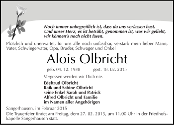 Traueranzeige von Alois Olbricht von Mitteldeutsche Zeitung Sangerhausen