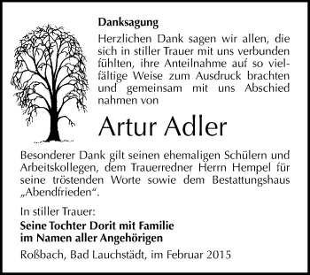 Traueranzeige von Artur Adler von WVG - Wochenspiegel Merseburg