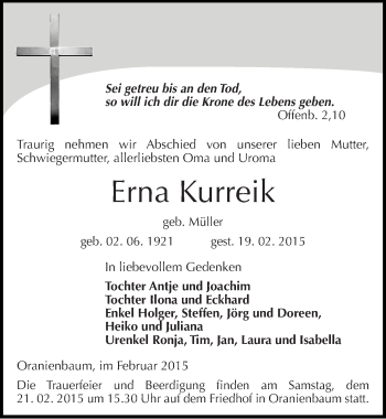 Traueranzeige von Erna Kurreik von Mitteldeutsche Zeitung Wittenberg