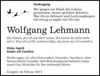 Traueranzeige von Wolfgang Lehmann von Mitteldeutsche Zeitung Bitterfeld