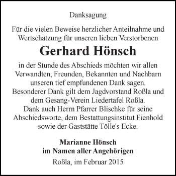 Traueranzeige von Gerhard Hönsch von WVG - Wochenspiegel SGH