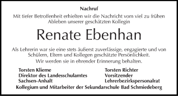Traueranzeige von Renate Ebenhan von Mitteldeutsche Zeitung Wittenberg