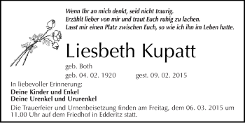 Traueranzeige von Liesbeth Kupatt von Mitteldeutsche Zeitung Köthen
