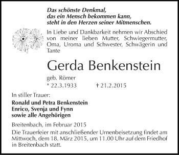 Traueranzeige von Gerda Benkenstein von Mitteldeutsche Zeitung Sangerhausen