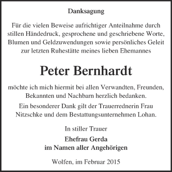 Traueranzeige von Peter Bernhardt von WVG - Wochenspiegel Bitterfeld