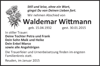 Traueranzeige von Waldmar Wittmann von WVG - Wochenspiegel Wittenberg