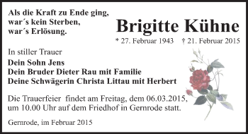 Traueranzeige von Brigitte Kühne von Mitteldeutsche Zeitung Quedlinburg