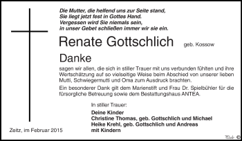 Traueranzeige von Renate Gottschlich von Super Sonntag Zeitz