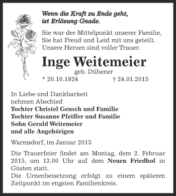 Traueranzeige von Inge Weitemeier von Super Sonntag Bernburg