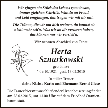 Traueranzeige von Herta Sznurkowski von WVG - Wochenspiegel Dessau / Köthen