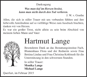 Traueranzeige von Hartmut Lange von WVG - Wochenspiegel Merseburg