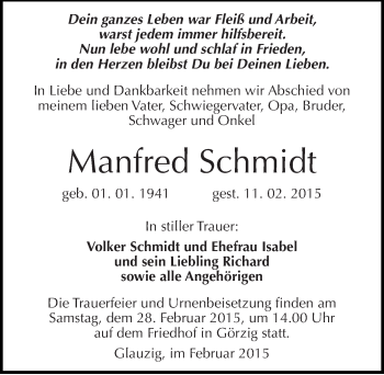 Traueranzeige von Manfred Schmidt von Mitteldeutsche Zeitung Köthen