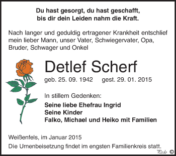 Traueranzeige von Detlef Scherf von WVG - Wochenspiegel NMB / WSF / ZTZ