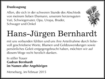 Traueranzeige von Hans-Jürgen Bernhardt von Mitteldeutsche Zeitung Merseburg/Querfurt