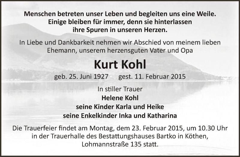  Traueranzeige für Kurt Kohl vom 22.02.2015 aus WVG - Wochenspiegel Dessau / Köthen