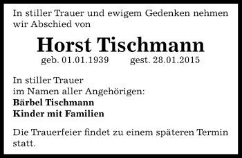 Traueranzeige von Horst Tischmann von Mitteldeutsche Zeitung Bernburg
