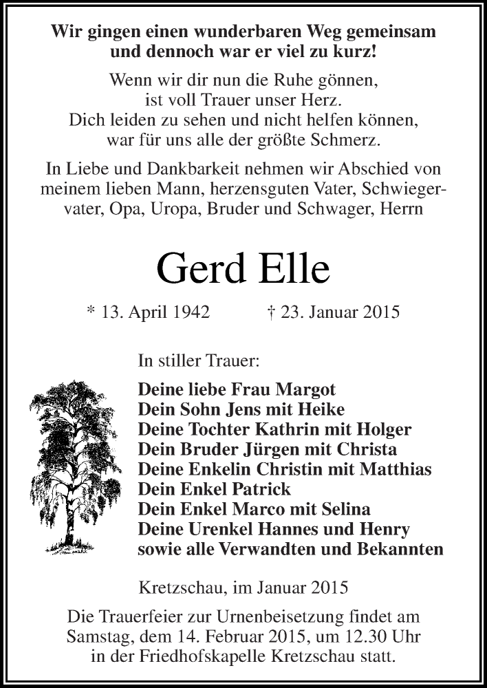  Traueranzeige für Gerd Elle vom 01.02.2015 aus Super Sonntag Zeitz