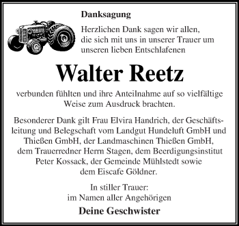 Traueranzeige von Walter Reetz von WVG - Wochenspiegel Dessau / Köthen