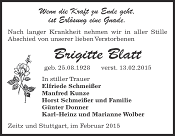 Traueranzeige von Brigitte Blatt von Super Sonntag Zeitz