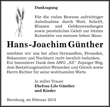 Traueranzeige von Hans-Joachim Günther von Mitteldeutsche Zeitung Bernburg
