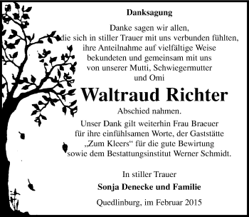 Traueranzeige von Waltraud Richter von Mitteldeutsche Zeitung Quedlinburg